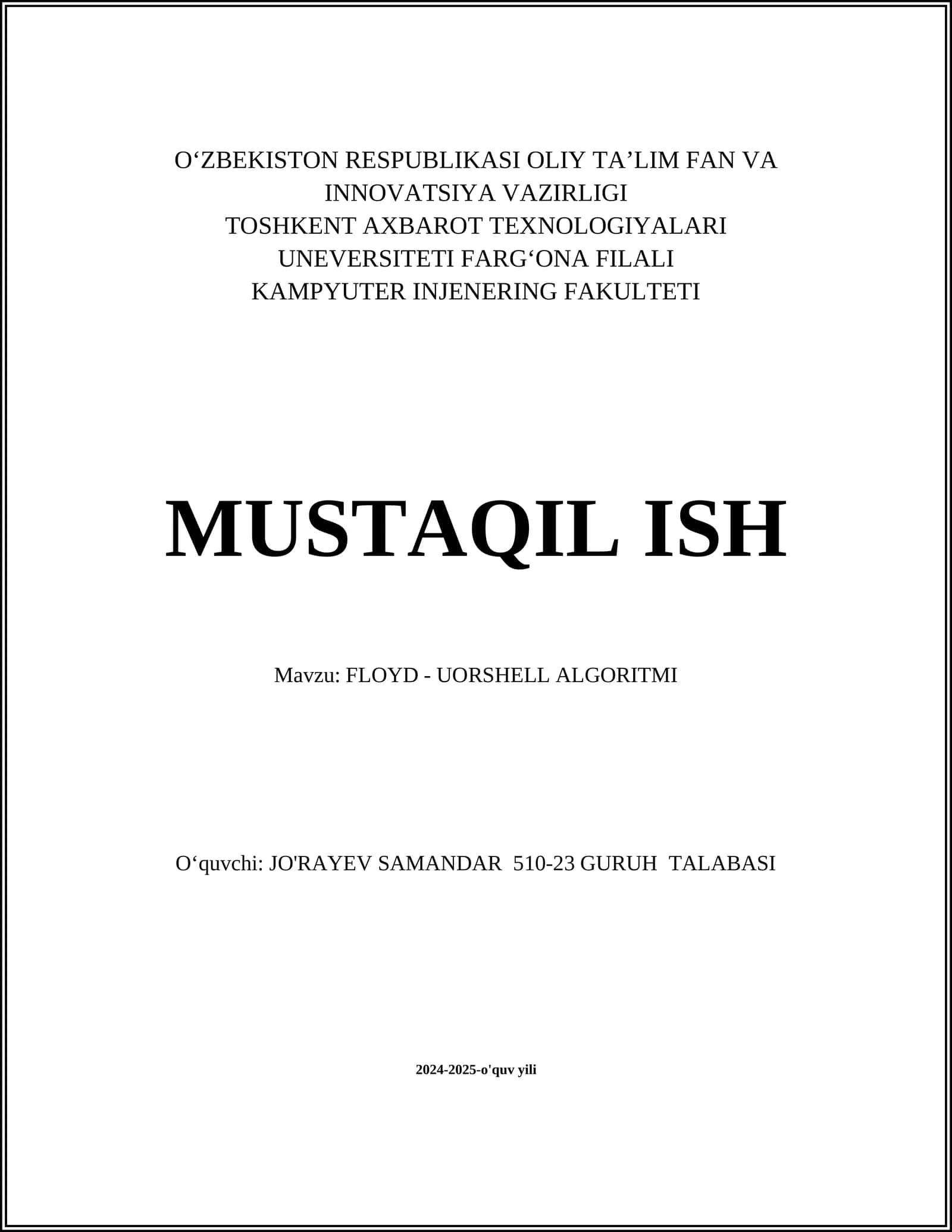 FLOYD - UORSHELL ALGORITMI