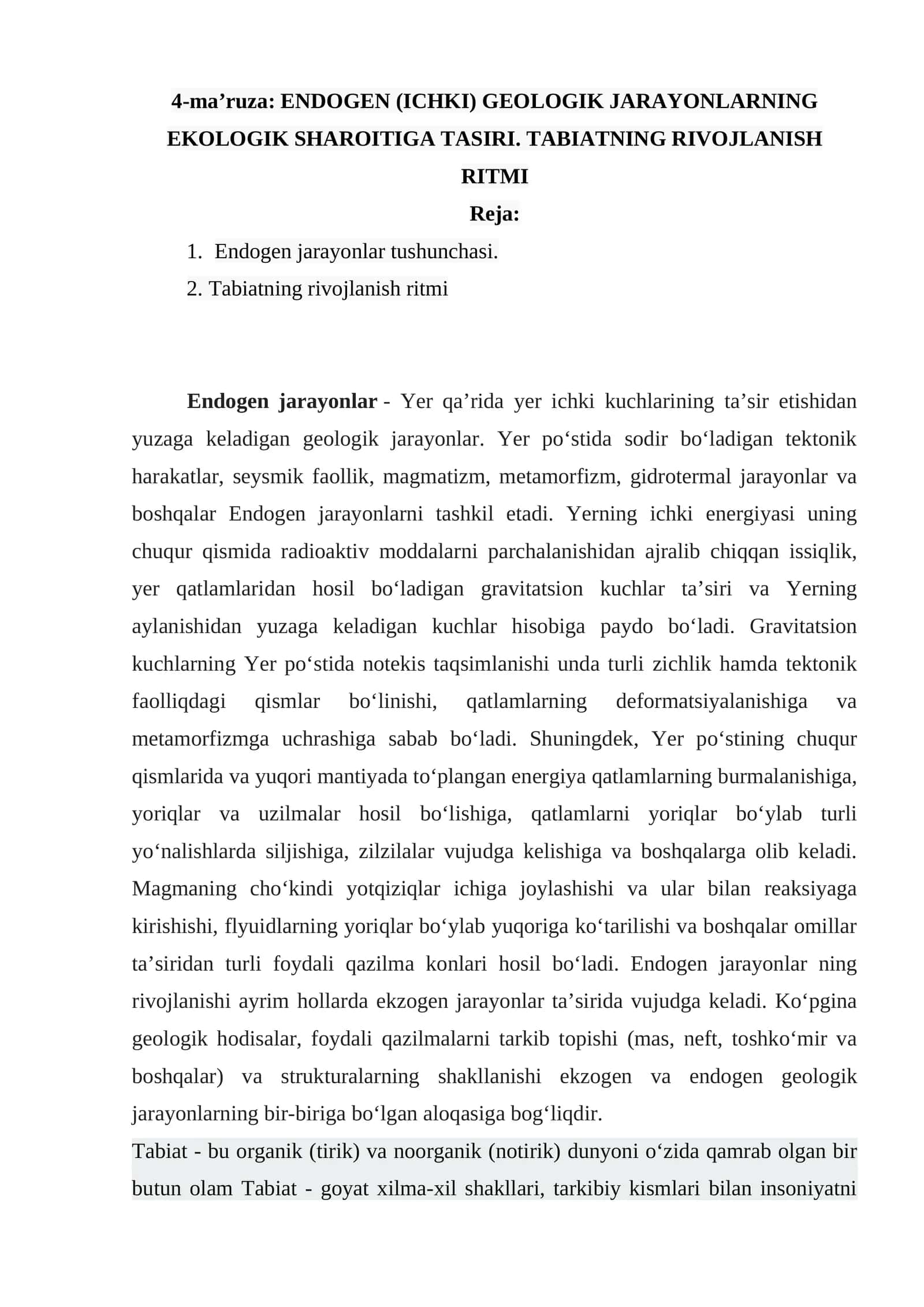 ENDOGEN (ICHKI) GEOLOGIK JARAYONLARNING EKOLOGIK SHAROITIGA TASIRI