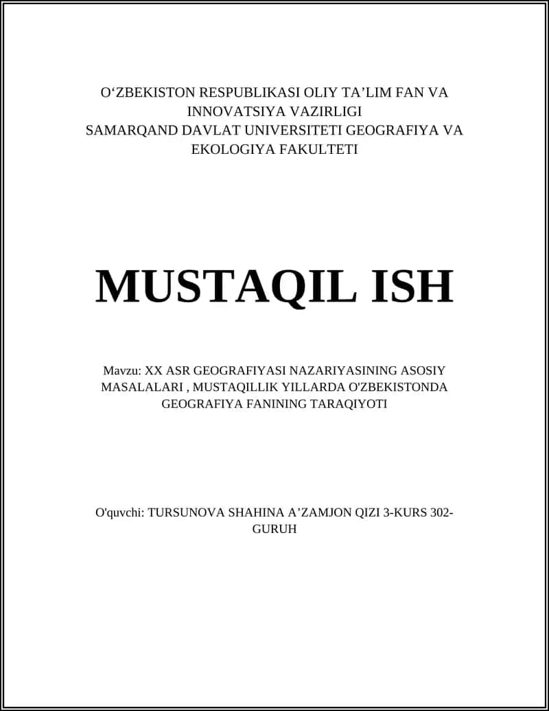 XX ASR GEOGRAFIYASI NAZARIYASINING ASOSIY MASALALARI