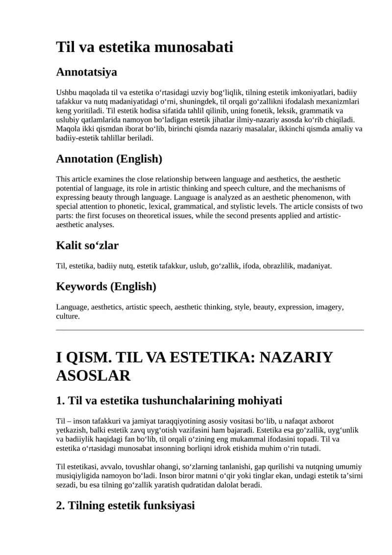 Til va estetika munosabati bo'yicha ilmiy maqola