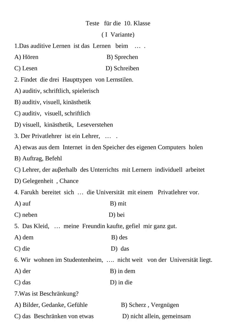 Teste für die 10. Klasse