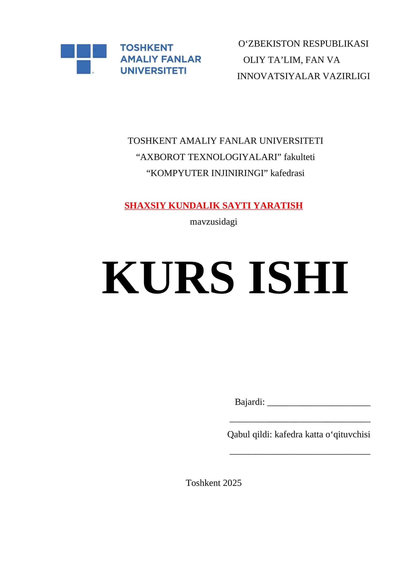SHAXSIY KUNDALIK SAYTI YARATISH kurs ishi