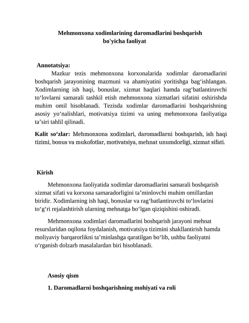 Mehmonxona xodimlarining daromadlarini boshqarish bo'yicha faoliyat