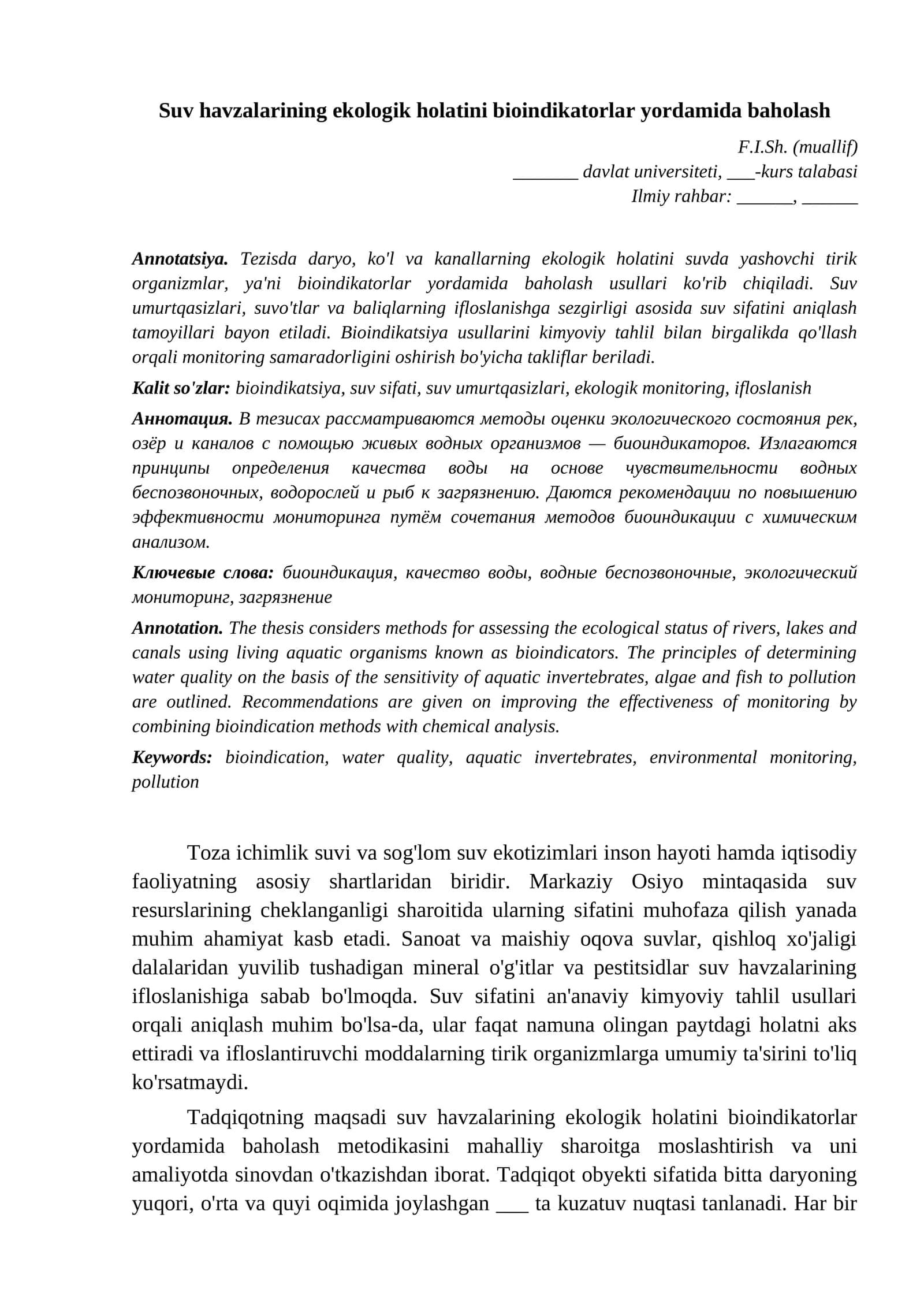 Na'muna tezis 30 Biologiya va ekologiya Suv havzalarining ekologik holatini bioindikatorlar yordamid namuna
