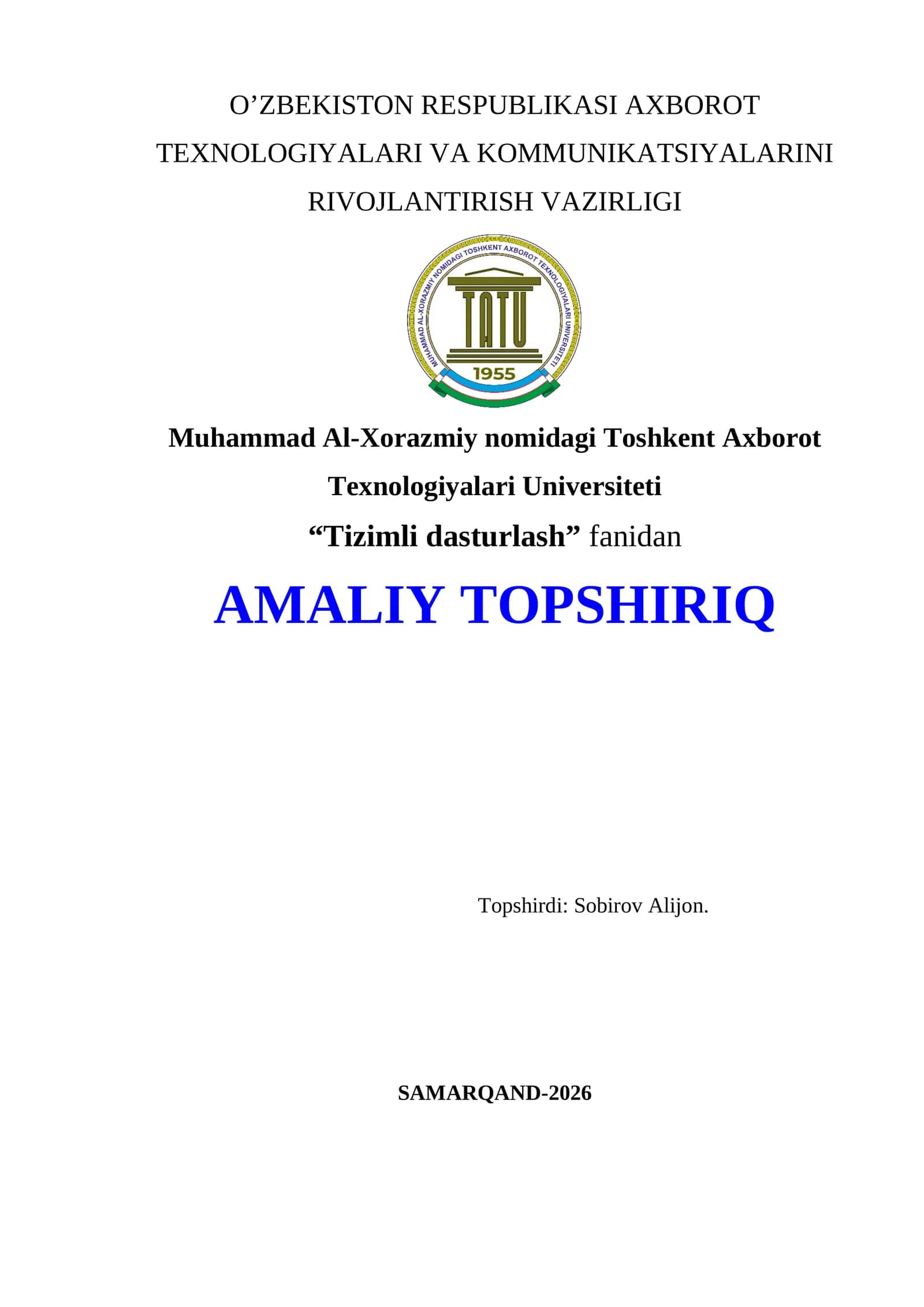 Tizimli dasturlash amaliy topshiriq