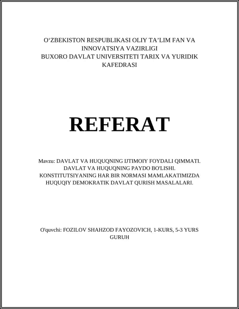 DAVLAT VA HUQUQNING IJTIMOIY FOYDALI QIMMATI