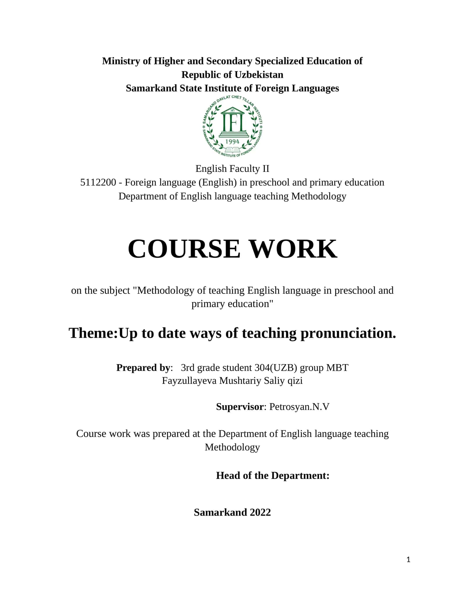 Methodology of teaching English language in preschool and primary education