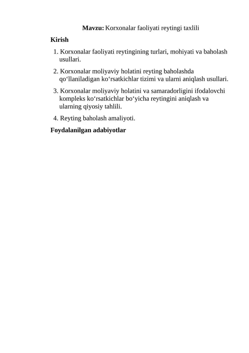 Korxonalar faoliyati reytingi taxlili