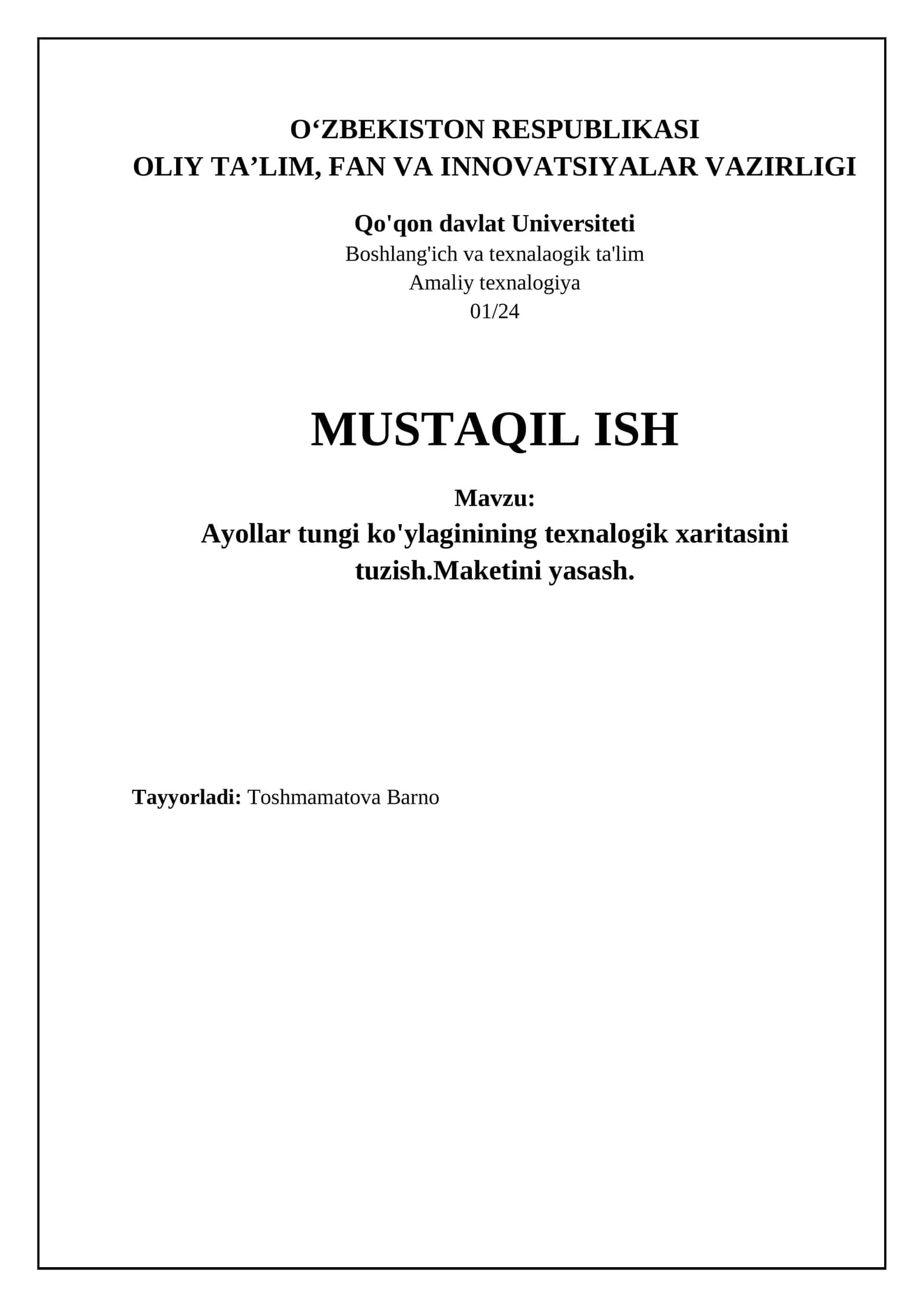 Ayollar tungi ko'ylagi texnologik xaritasi va maketi