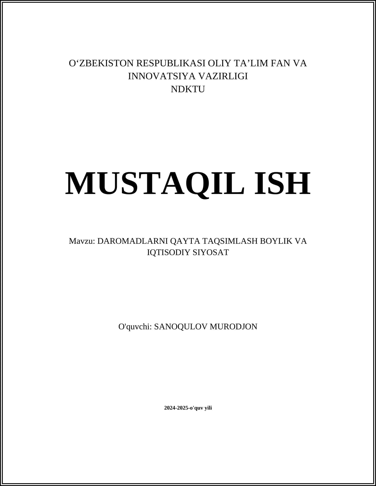 DAROMADLARNI QAYTA TAQSIMLASH BOYLIK VA IQTISODIY SIYOSAT