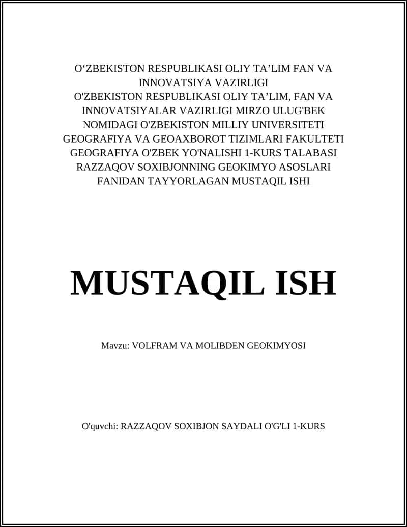 VOLFRAM VA MOLIBDEN GEOKIMYOSI