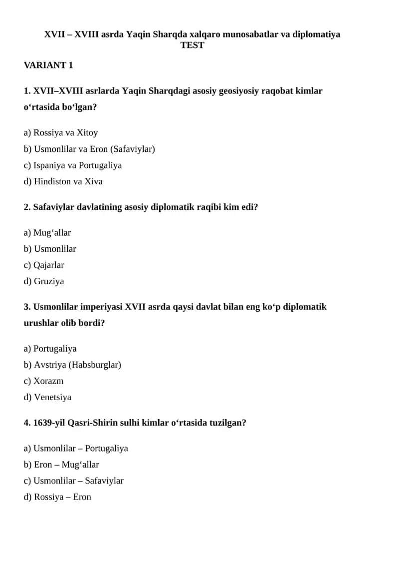 XVII – XVIII asrda Yaqin Sharqda xalqaro munosabatlar va diplomatiya