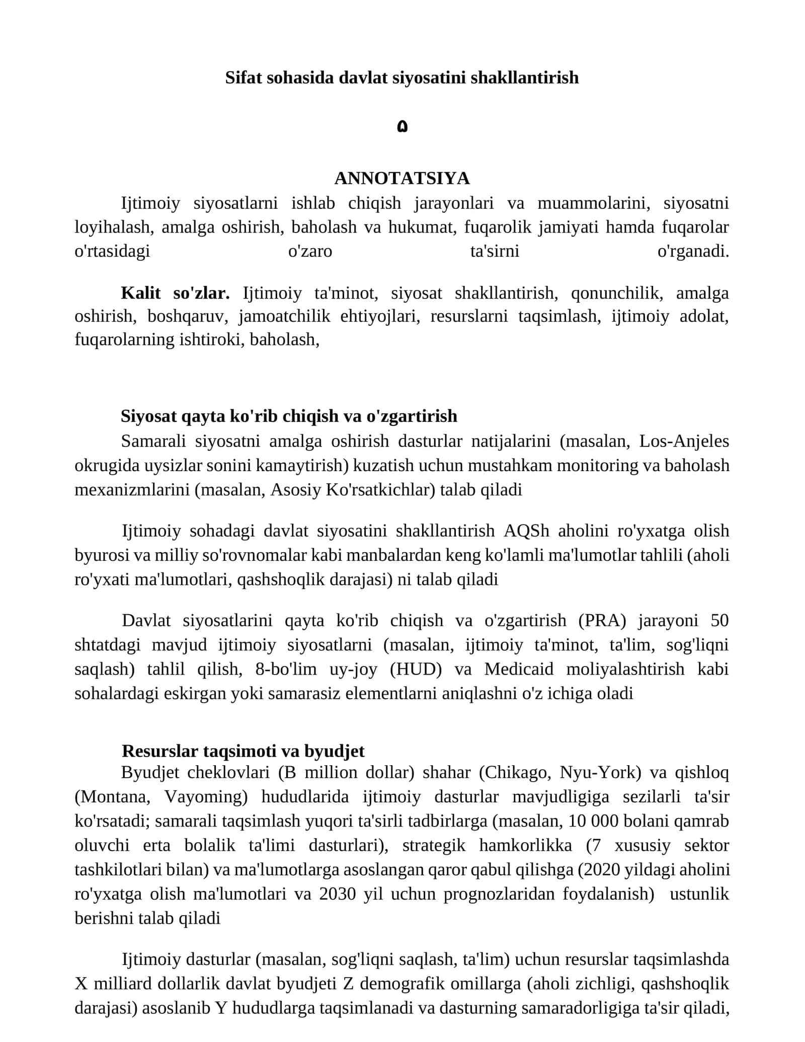 Sifat sohasida davlat siyosatini shakllantirish