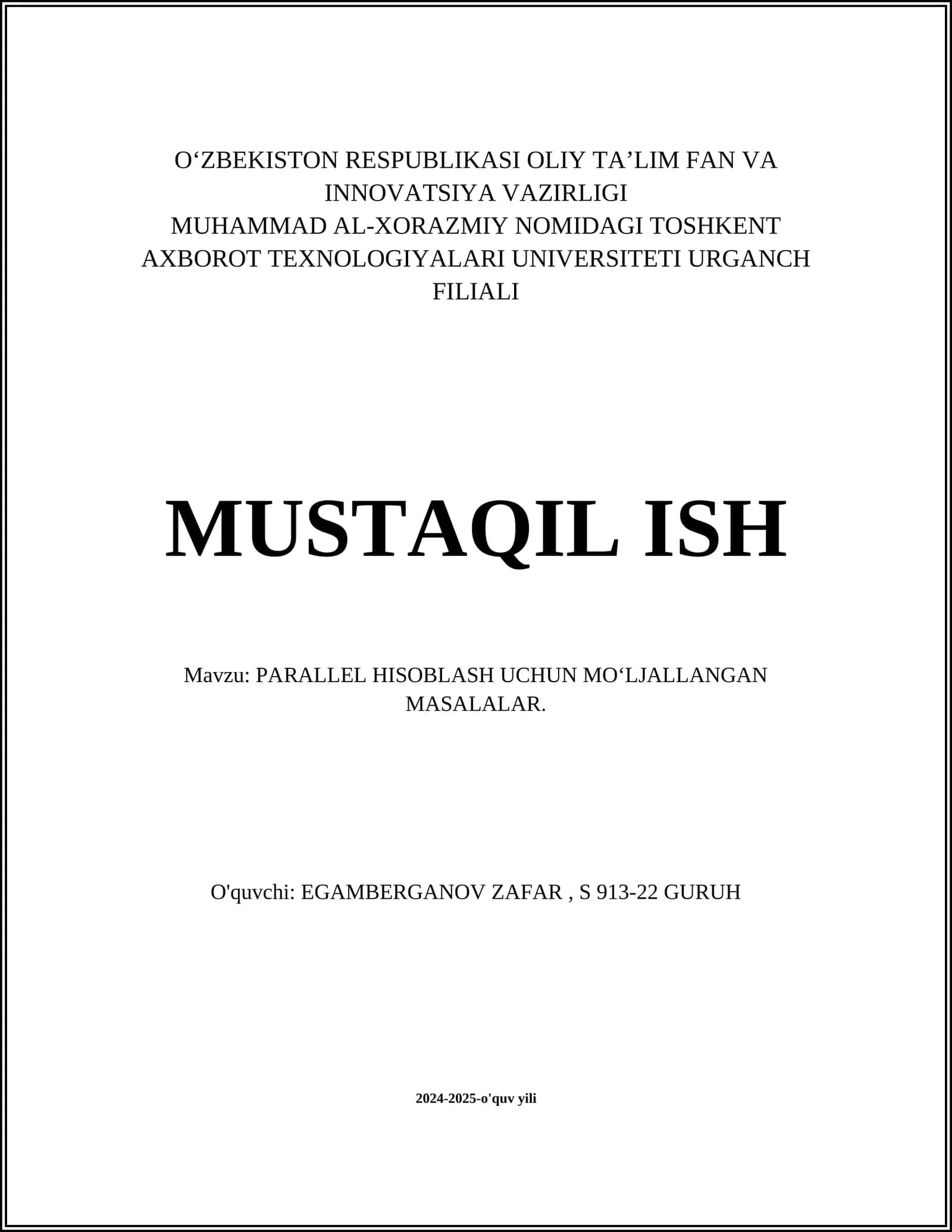 PARALLEL HISOBLASH UCHUN MO‘LJALLANGAN MASALALAR