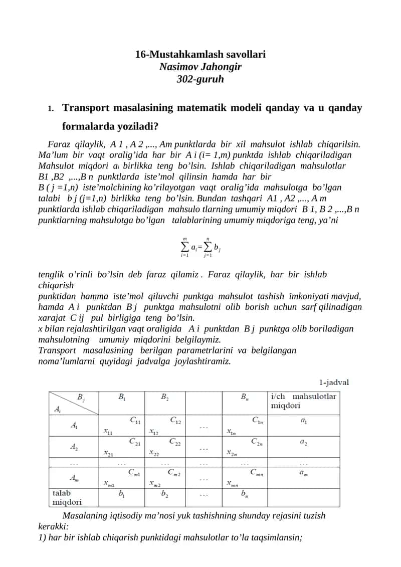Transport masalasining matematik modeli