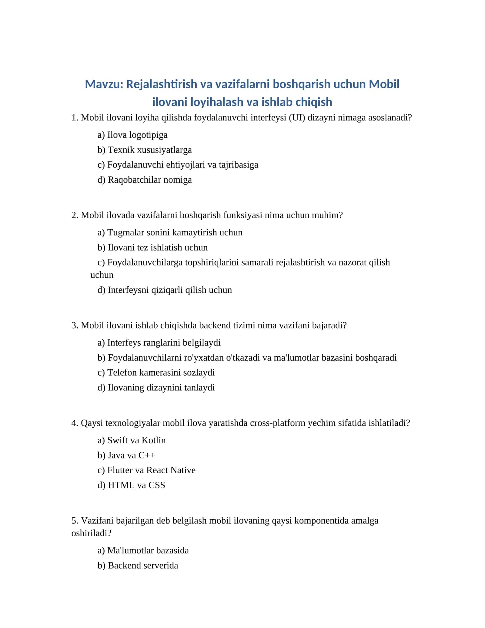 Rejalashtirish va vazifalarni boshqarish uchun Mobil ilovani loyihalash va ishlab chiqish