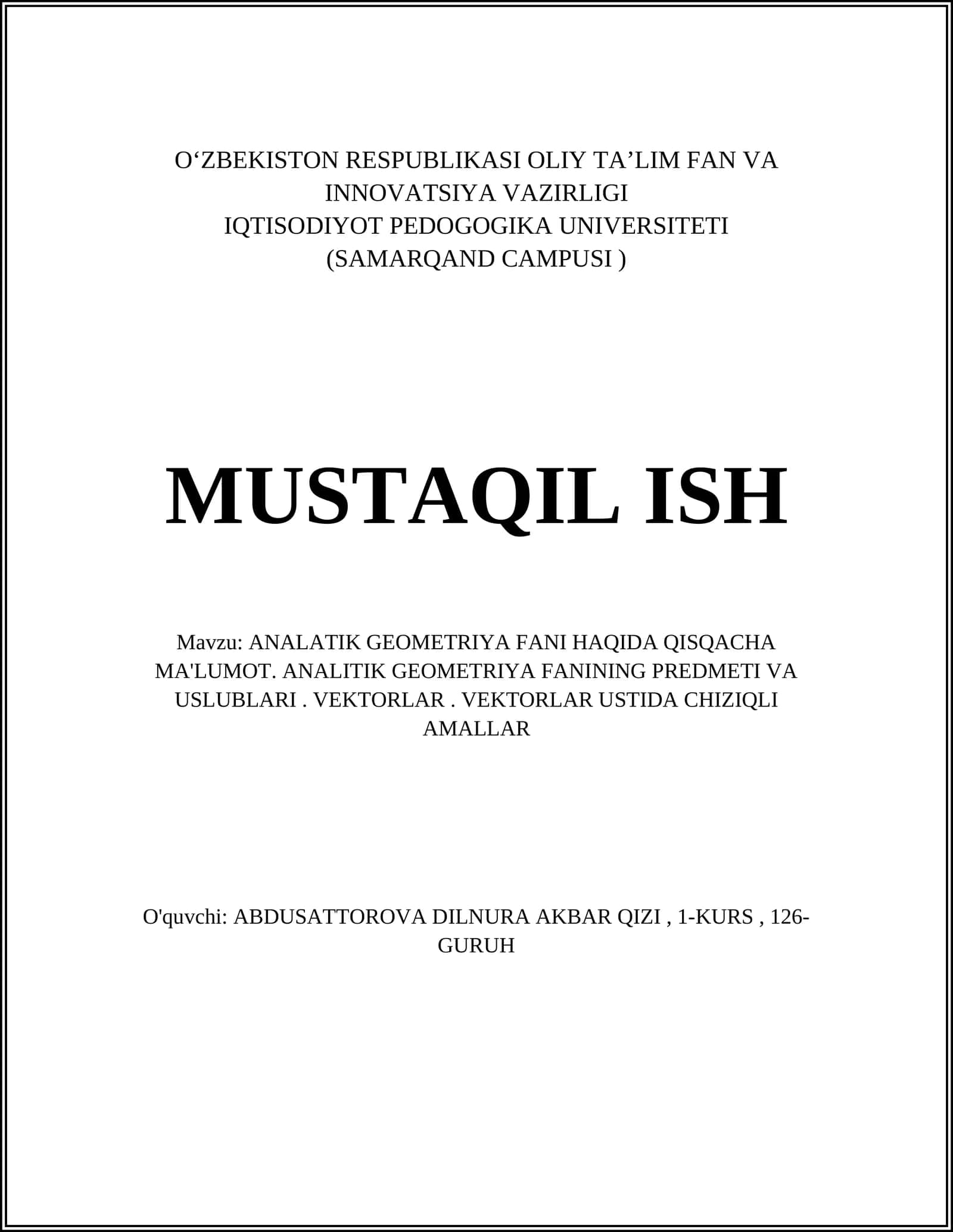 ANALATIK GEOMETRIYA FANI HAQIDA QISQACHA MA'LUMOT