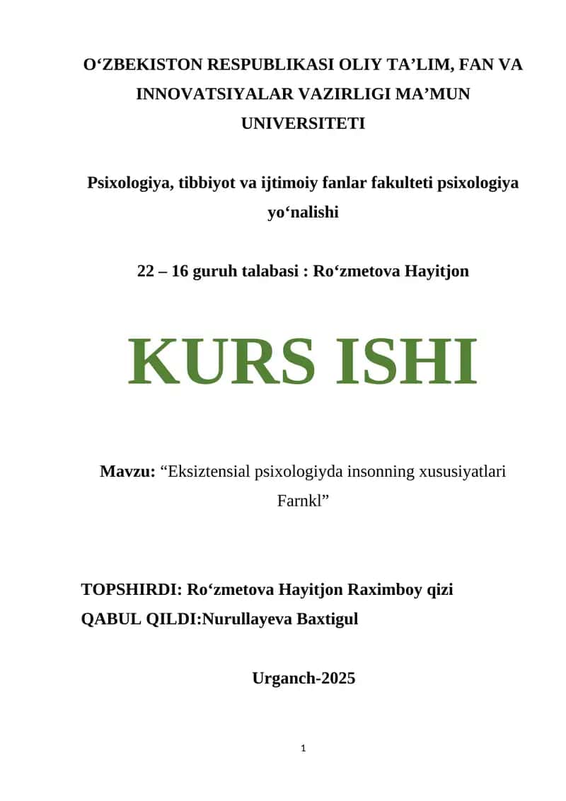 Eksiztensial psixologiyada insonning xususiyatlari Farnkl