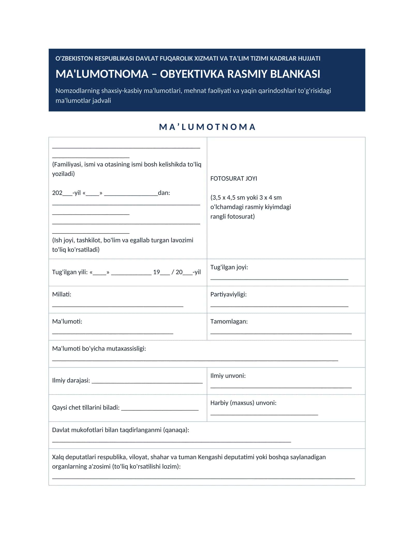 MA'LUMOTNOMA – OBYEKTIVKA RASMIY BLANKASI