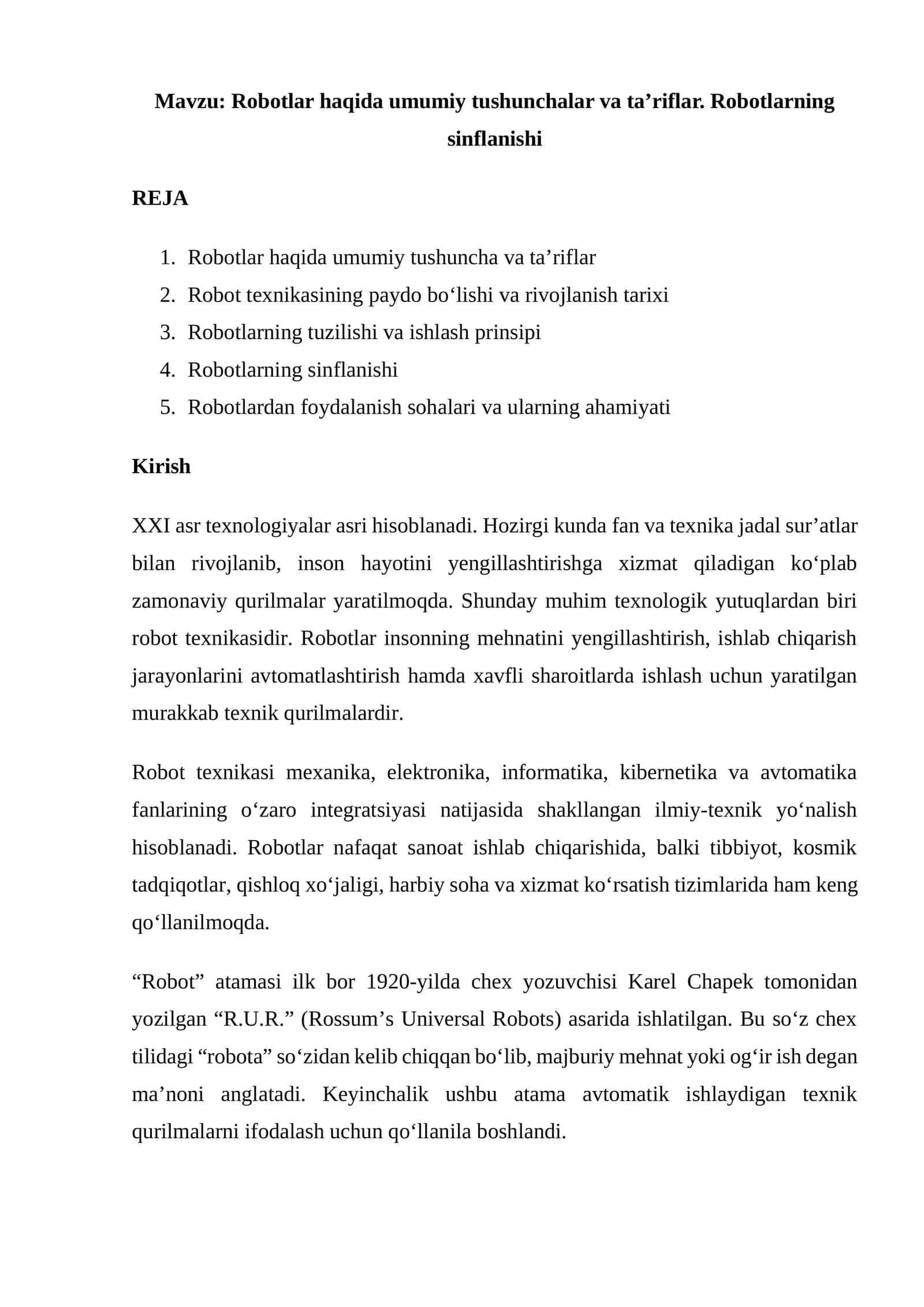 Robotlar haqida umumiy tushunchalar va ta’riflar