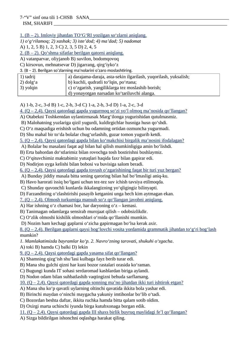 V sinf ona tili 1-CHSB SANA