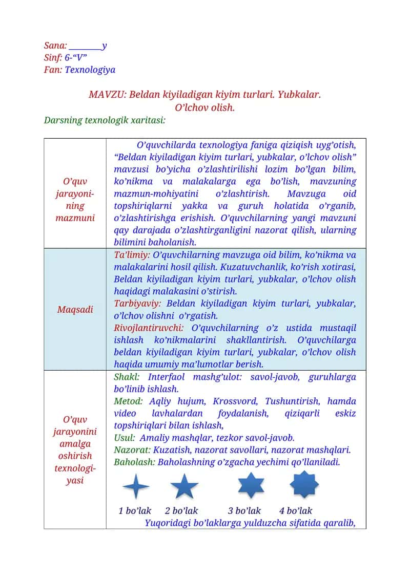 6-sinf texnologiya. Beldan kiyiladigan kiyim turlari. Yubkalar.  O’lchov olish.