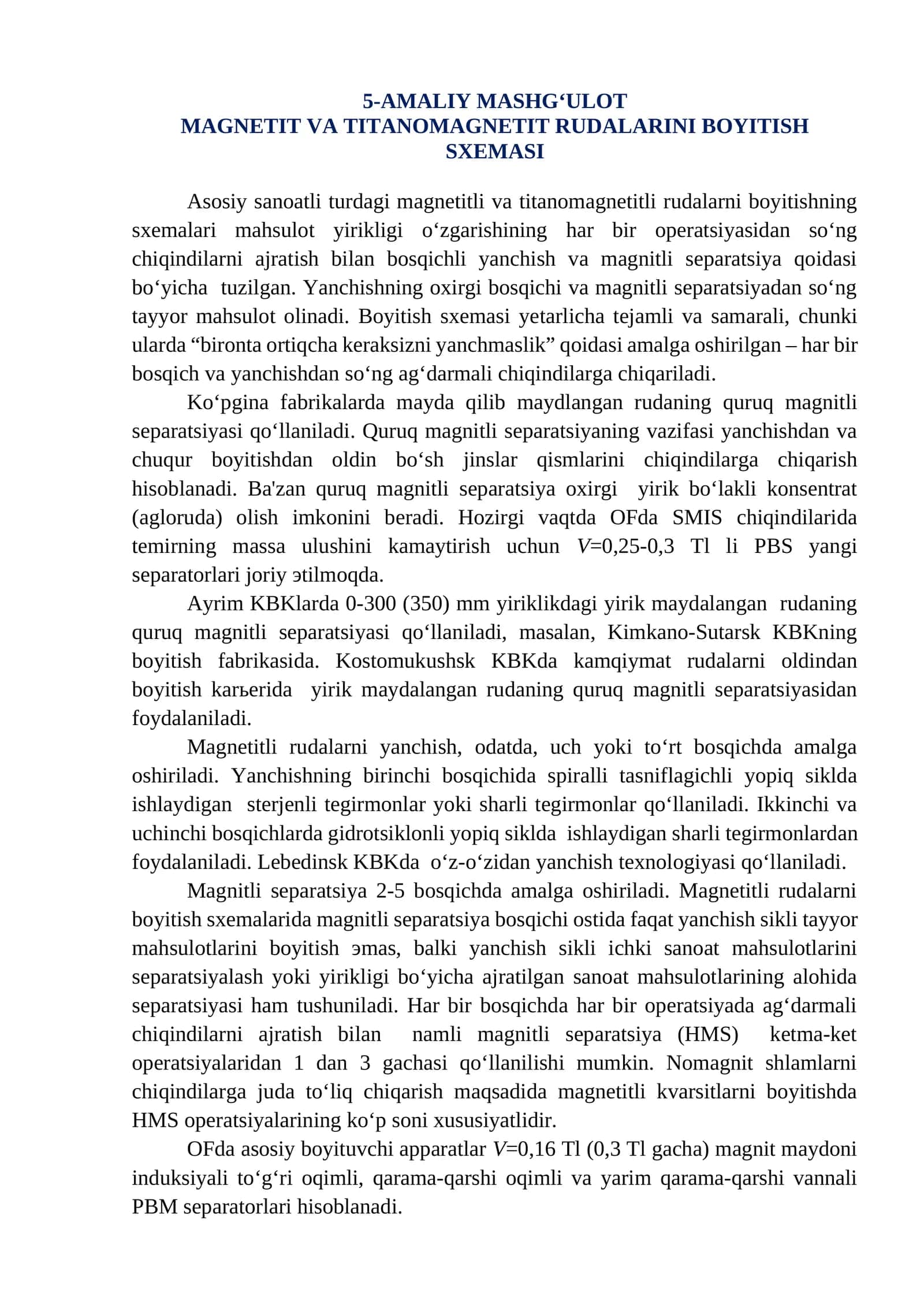 MAGNETIT VA TITANOMAGNETIT RUDALARINI BOYITISH SXEMASI