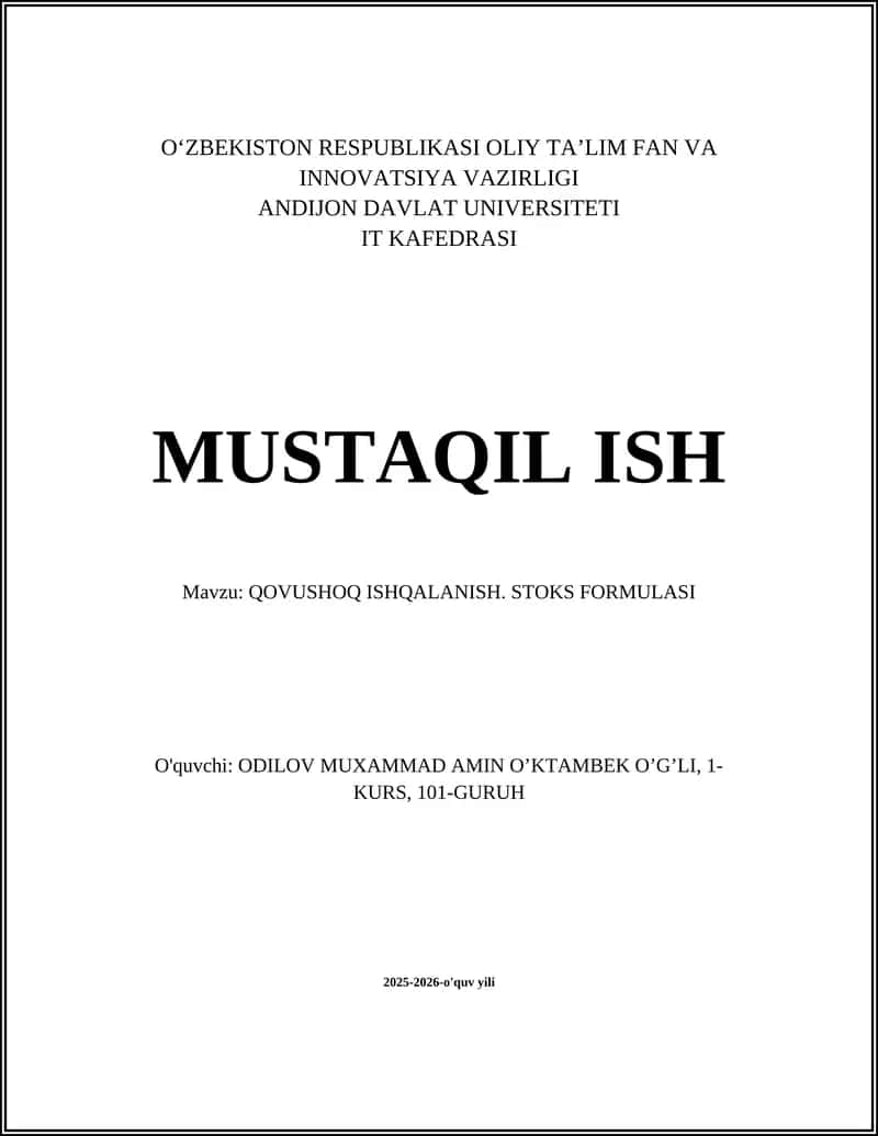 QOVUSHOQ ISHQALANISH. STOKS FORMULASI