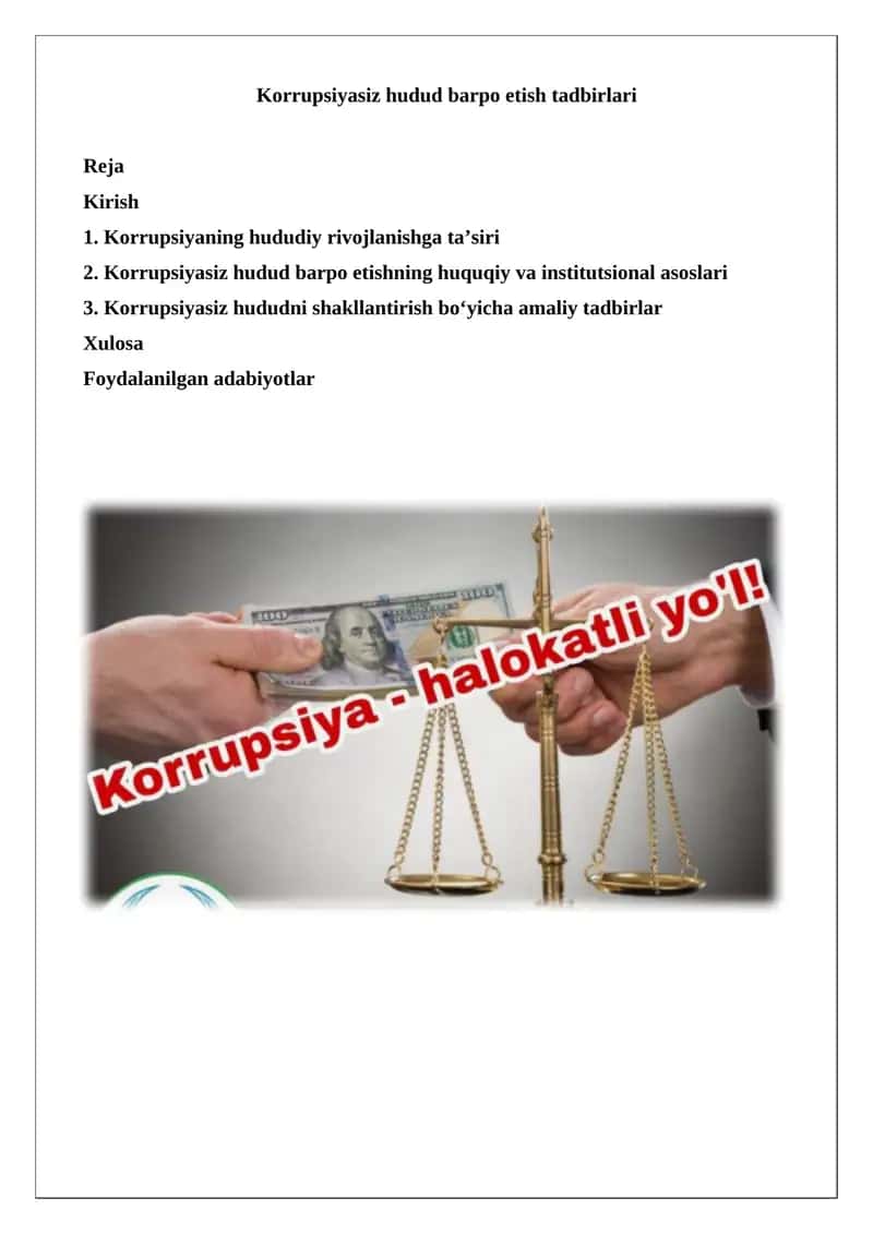 Korrupsiyasiz hudud barpo etish tadbirlari