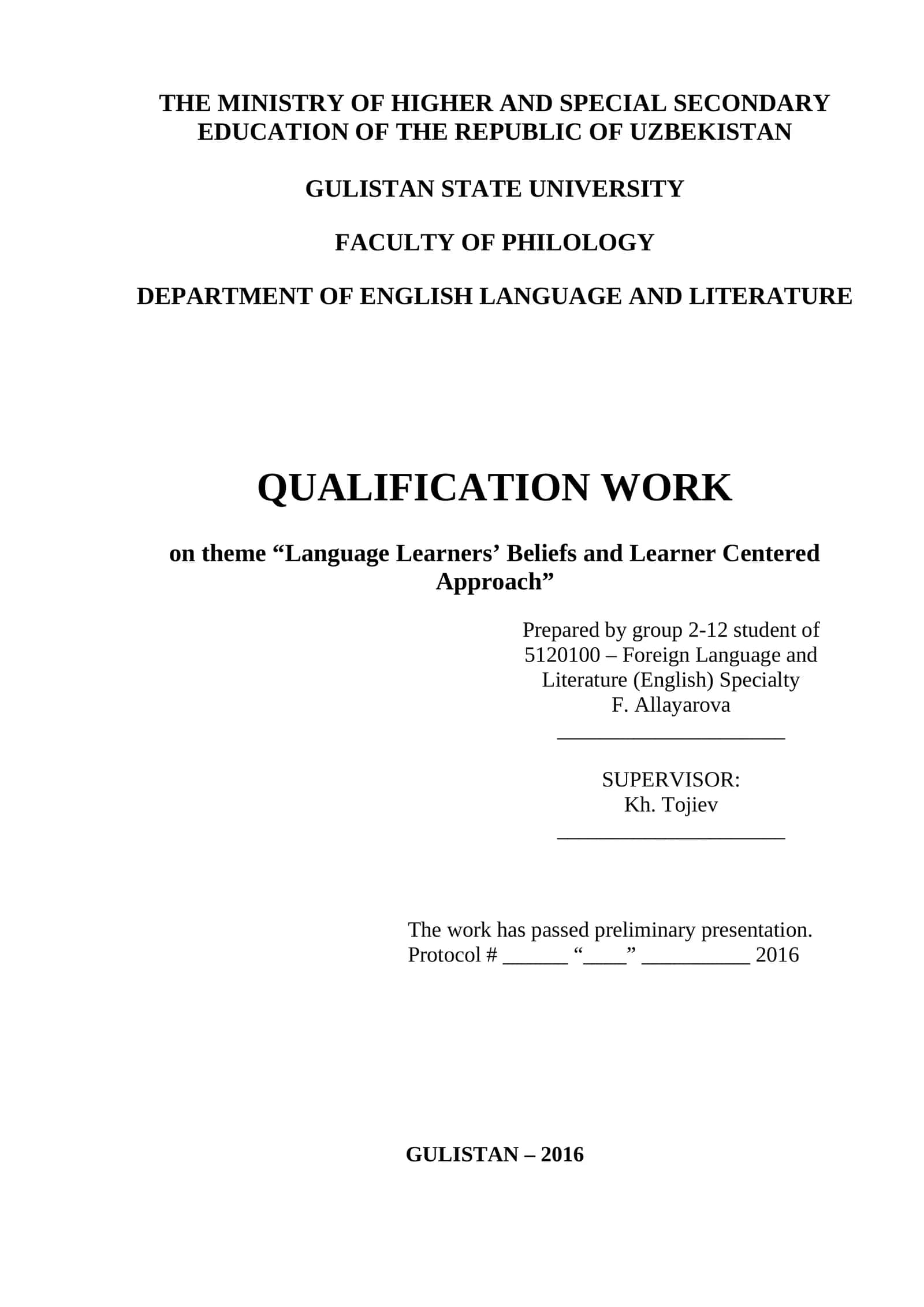 QUALIFICATION WORK on theme “Language Learners’ Beliefs and Learner Centered Approach”