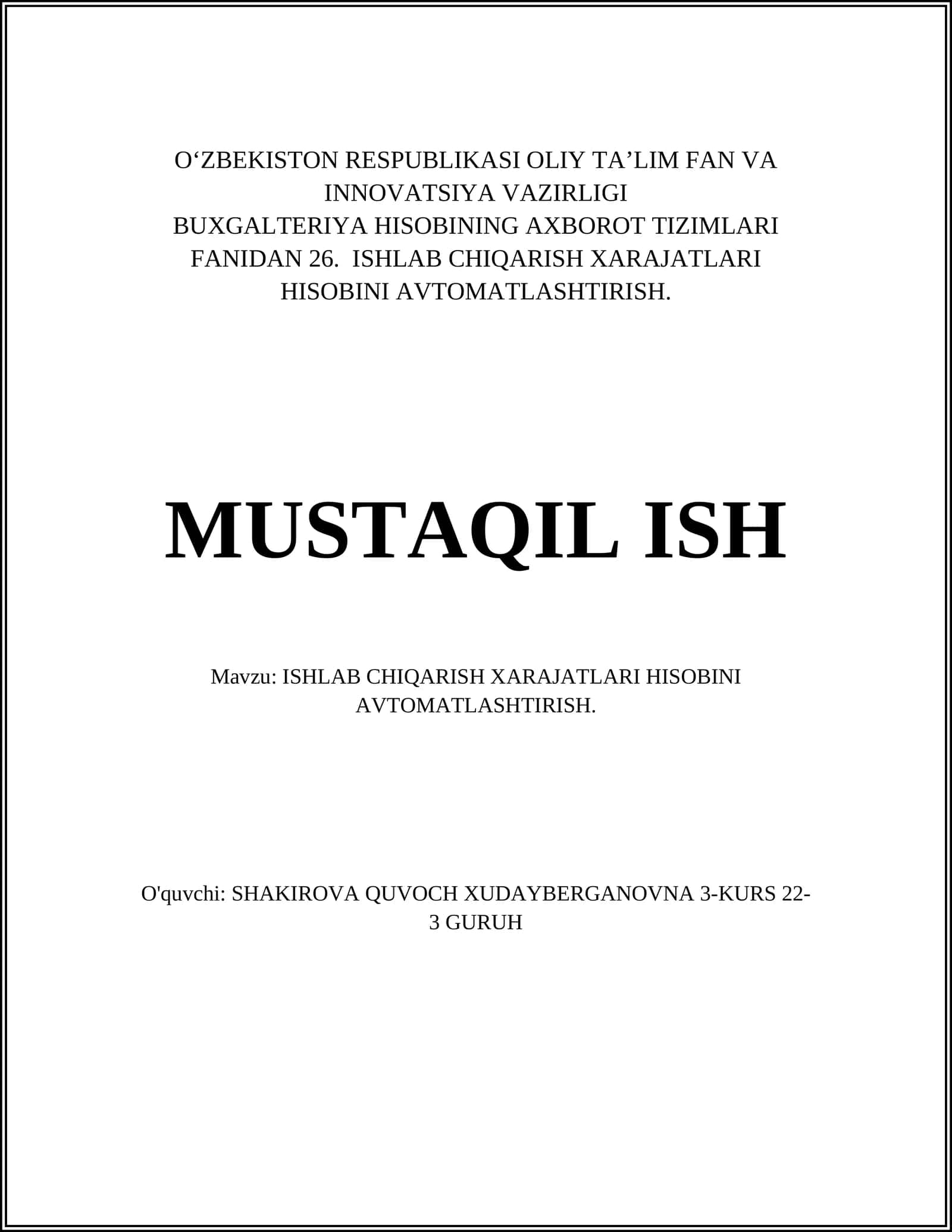 ISHLAB CHIQARISH XARAJATLARI HISOBINI AVTOMATLASHTIRISH
