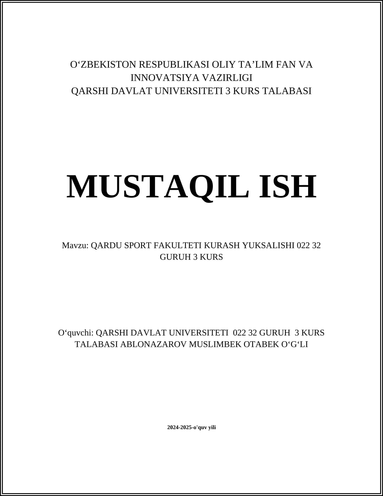QARDU SPORT FAKULTETI KURASH YUKSALISHI 022 32 GURUH 3 KURS