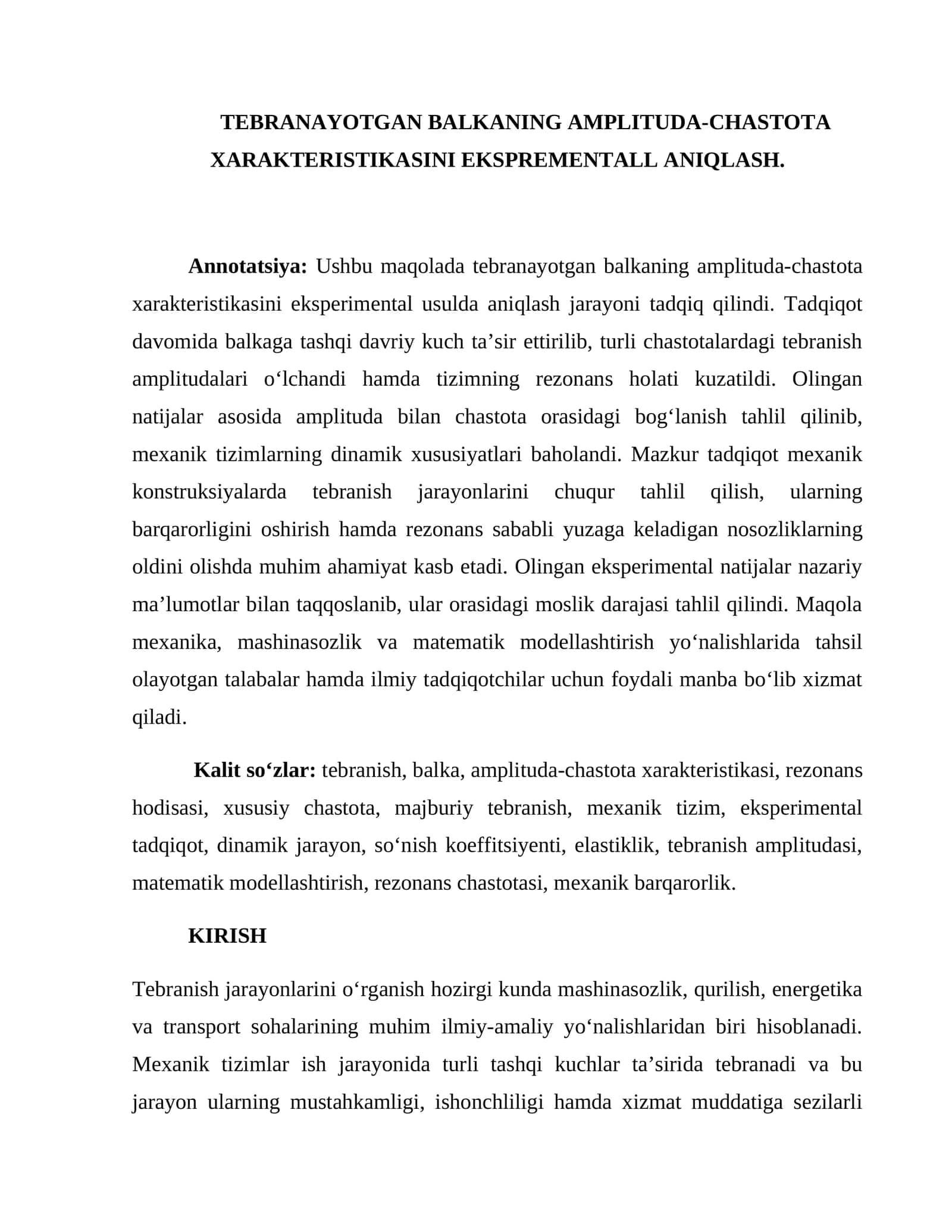 TEBRANAYOTGAN BALKANING AMPLITUDA-CHASTOTA XARAKTERISTIKASINI EKSPREMENTALL ANIQLASH