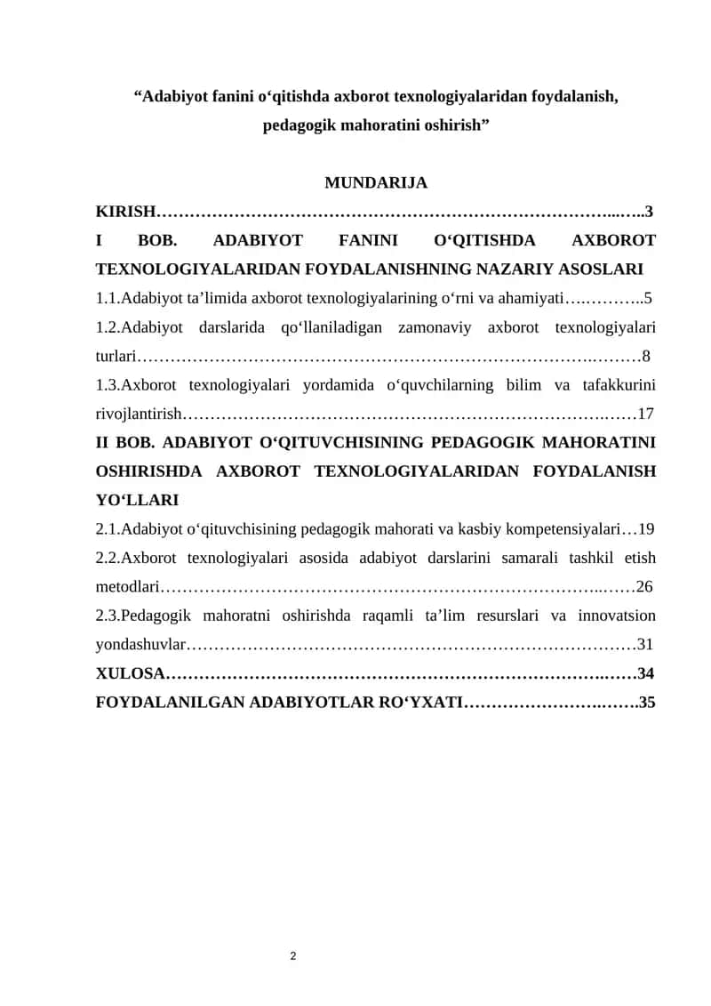 Adabiyot fanini o‘qitishda axborot texnologiyalaridan foydalanish, pedagogik mahoratini oshirish