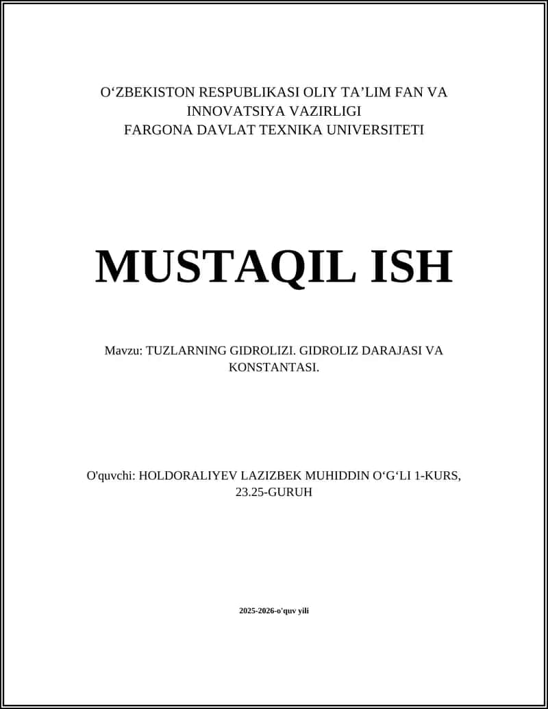 TUZLARNING GIDROLIZI. GIDROLIZ DARAJASI VA KONSTANTASI
