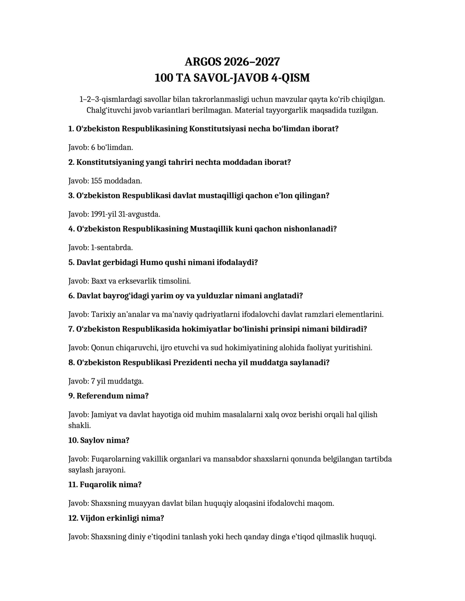 ARGOS 2026–2027 100 TA SAVOL-JAVOB 4-QISM