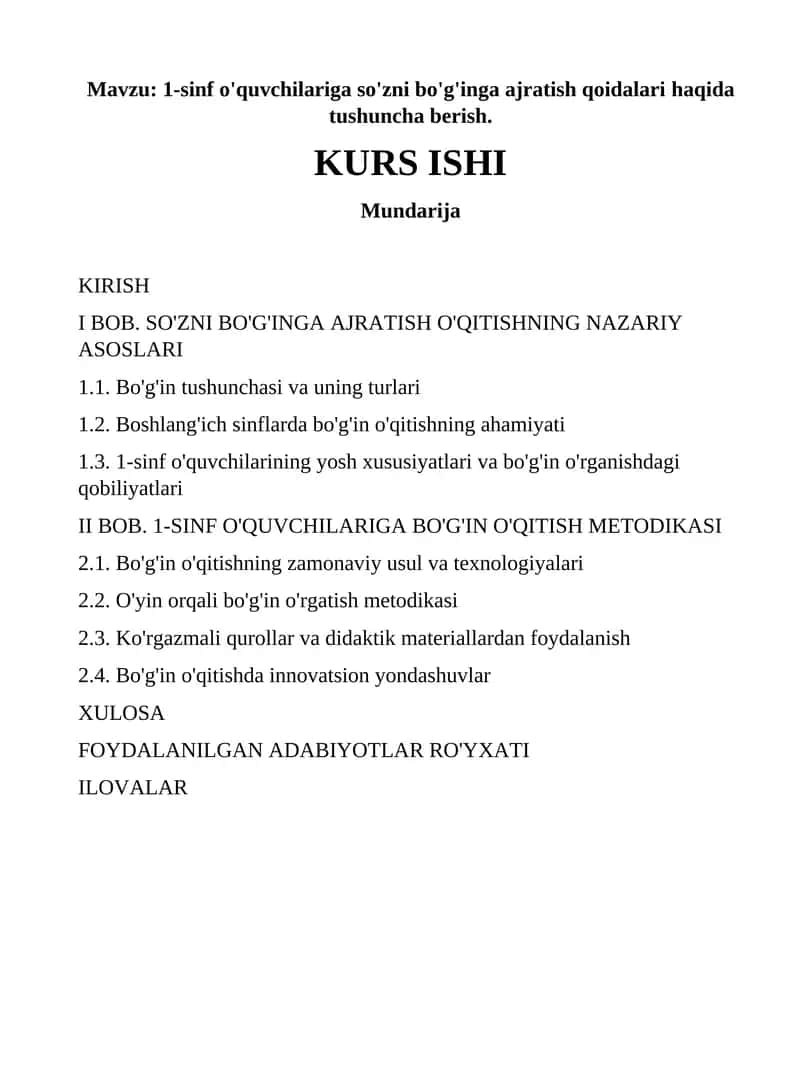 1-sinf o'quvchilariga so'zni bo'g'inga ajratish qoidalari haqida tushuncha berish