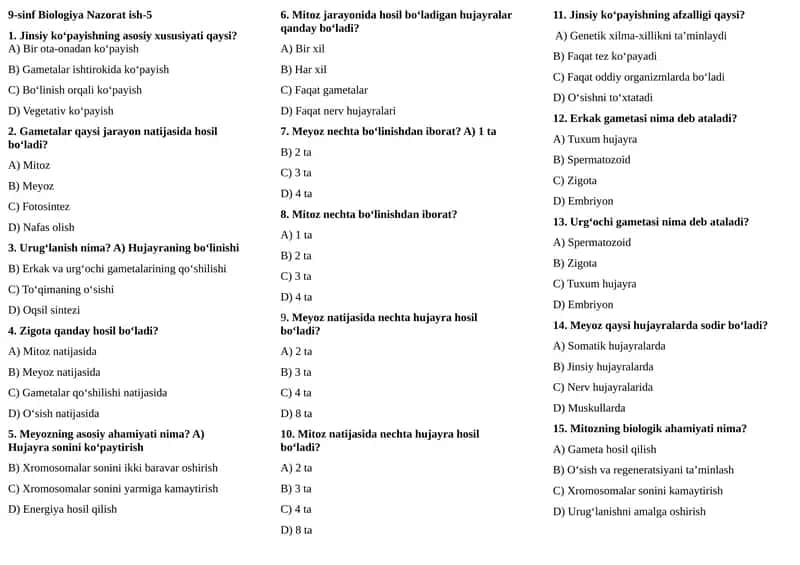 9-sinflar uchun Biologiya fanidan  Nazorat ish-5