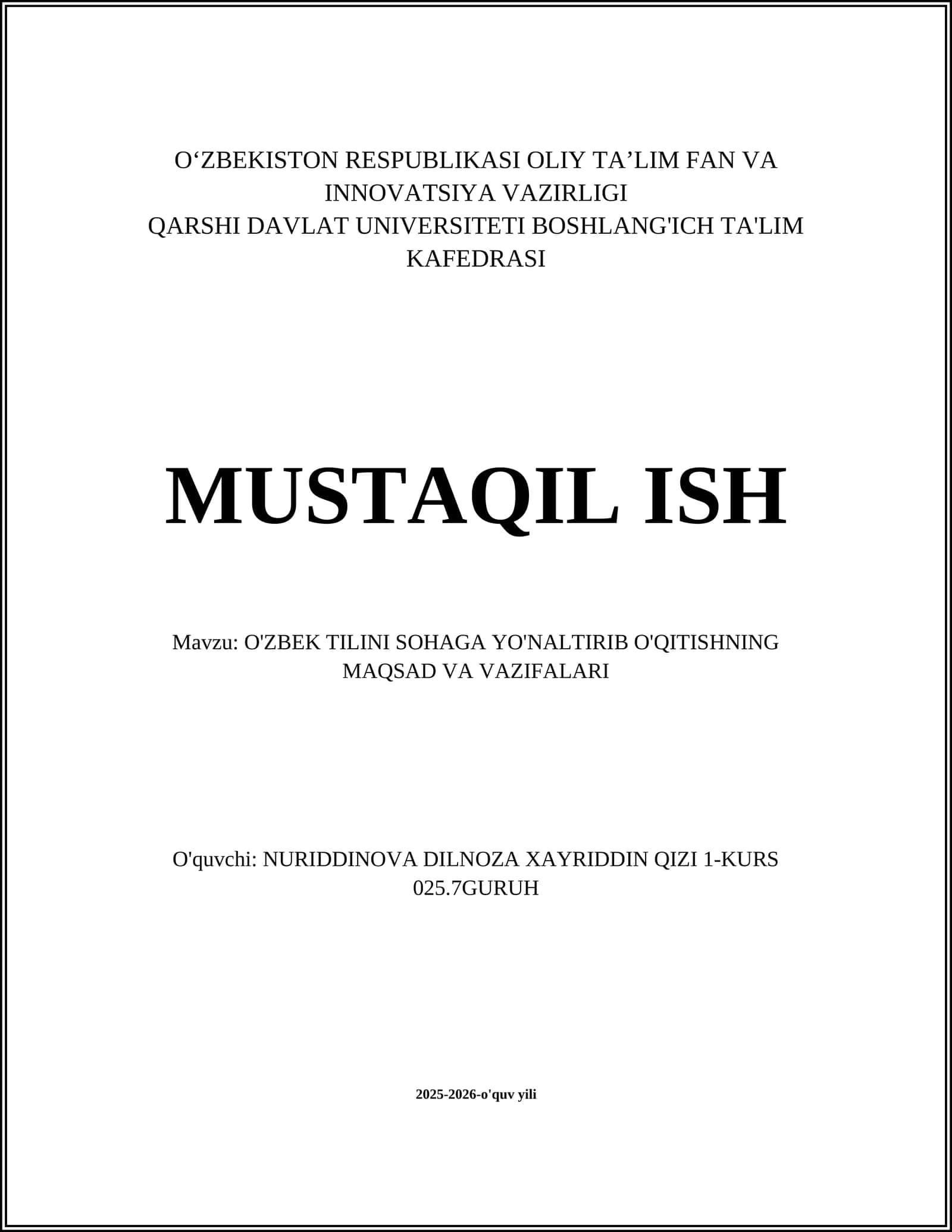 O'ZBEK TILINI SOHAGA YO'NALTIRIB O'QITISHNING MAQSAD VA VAZIFALARI