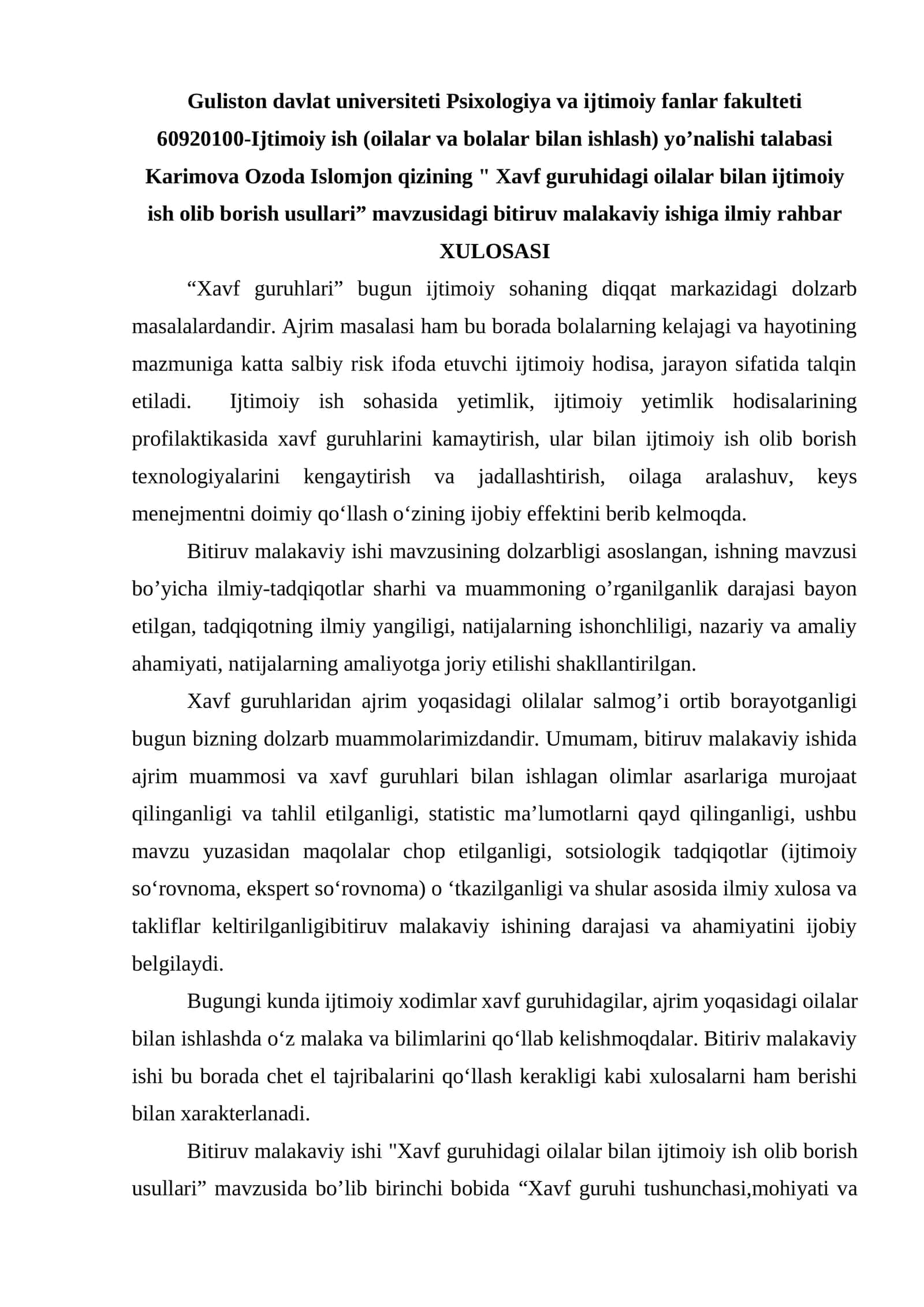 Xavf guruhidagi oilalar bilan ijtimoiy ish olib borish usullari