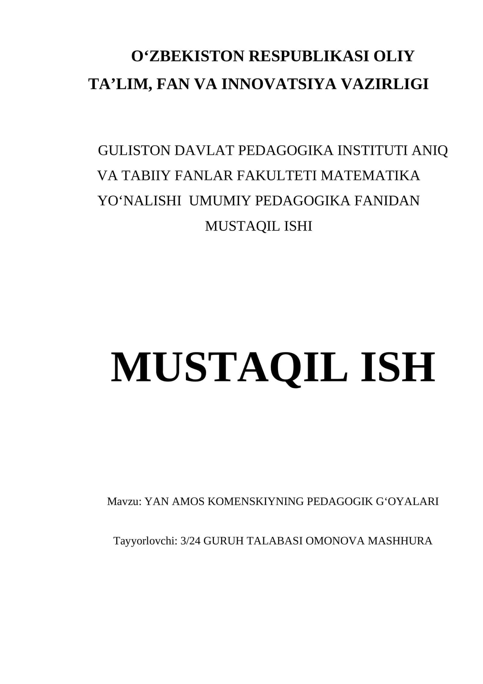 YAN AMOS KOMENSKIYNING PEDAGOGIK G‘OYALARI