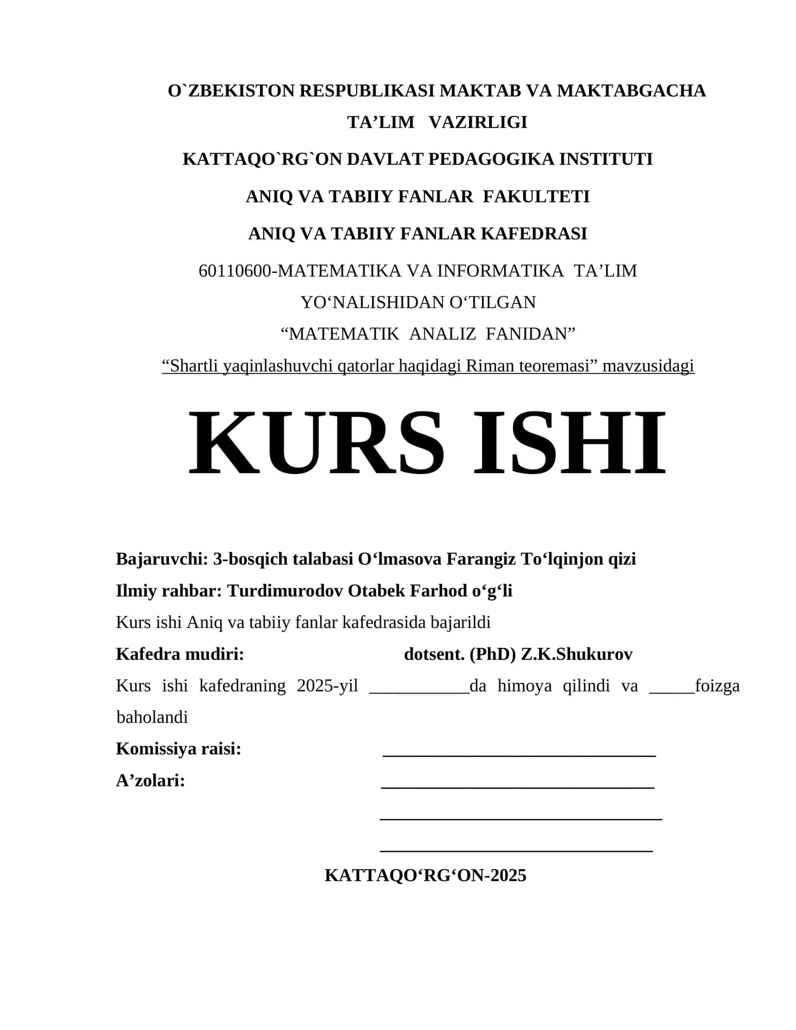 "Shartli yaqinlashuvchi qatorlar haqidagi Riman teoremasi" mavzusidagi KURS ISHI