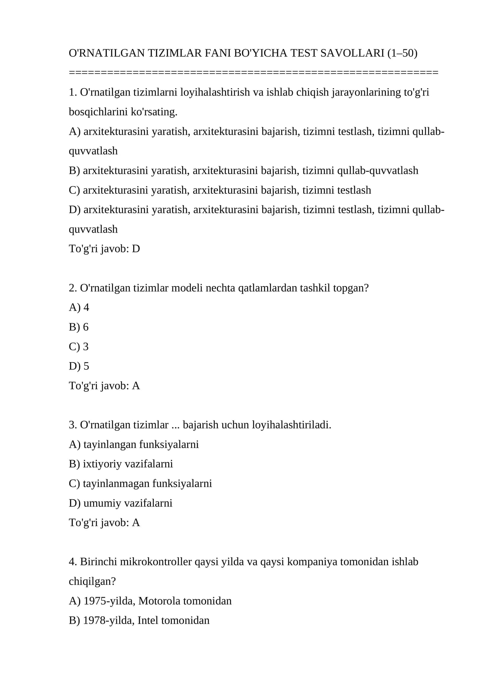 O'rnatilgan TIZIMLAR FANI BO'YICHA TEST SAVOLLARI (1–50)