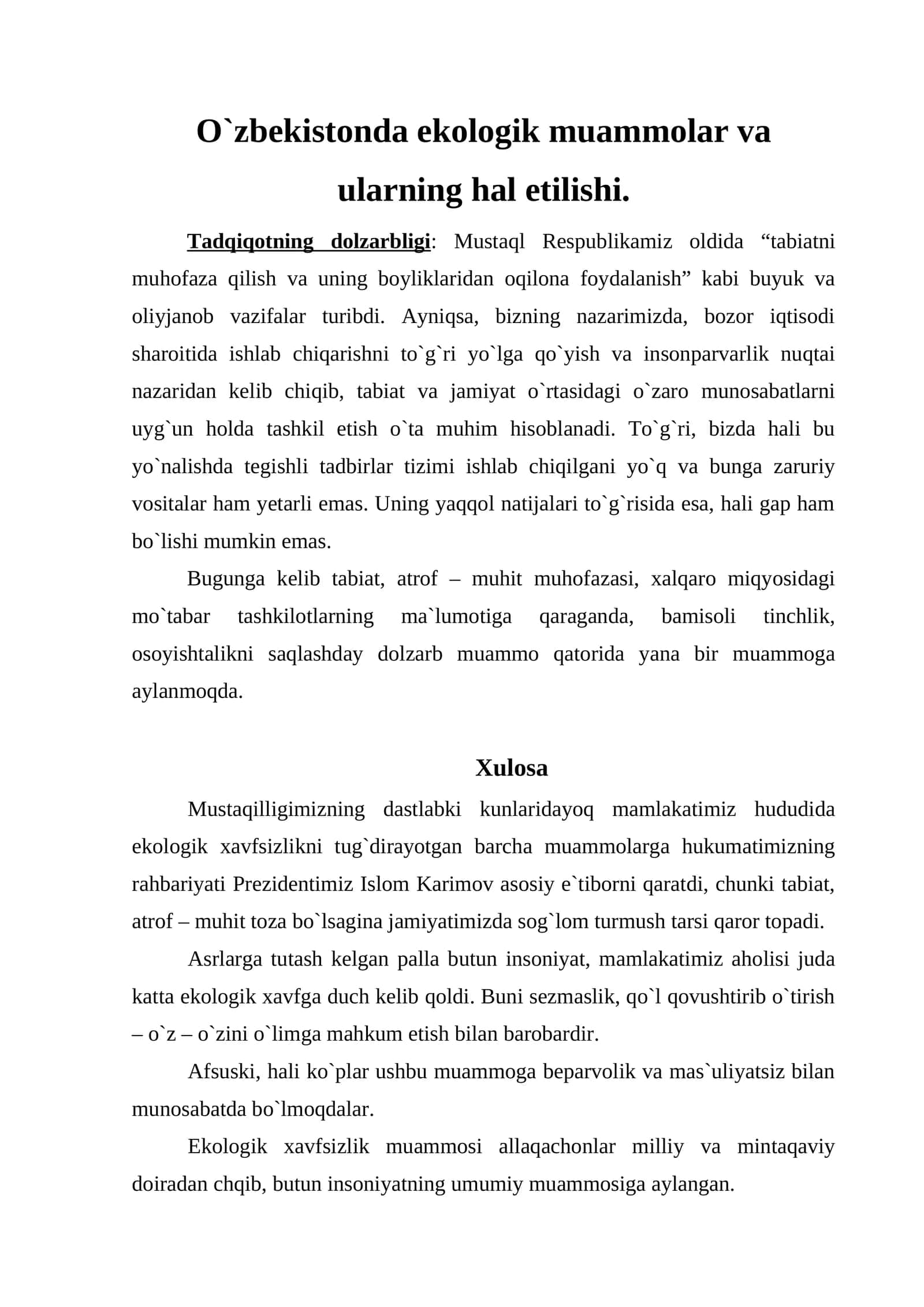 Ekologik muammolar va ularning hal etilishi