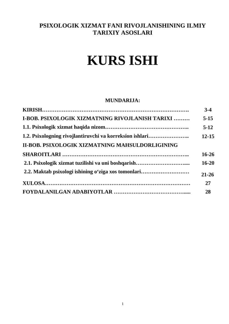 PSIXOLOGIK XIZMAT FANI RIVOJLANISHINING ILMIY TARIXIY ASOSLARI KURS ISHI