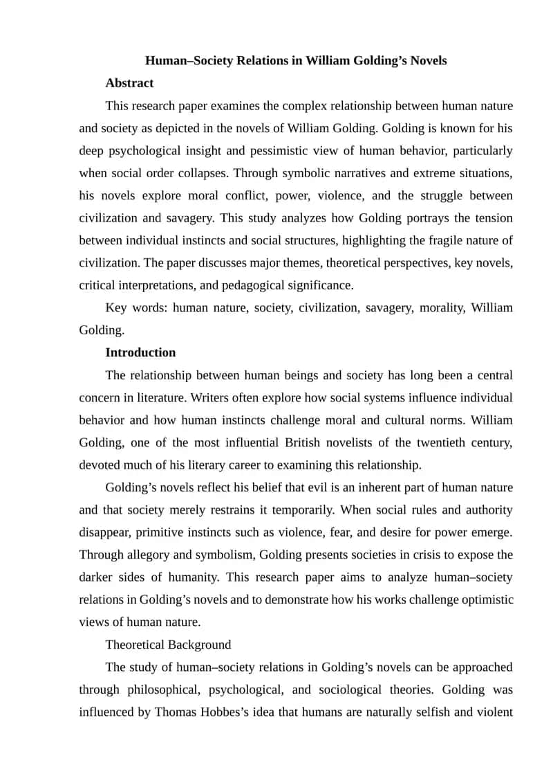 Human–Society Relations in William Golding’s Novels