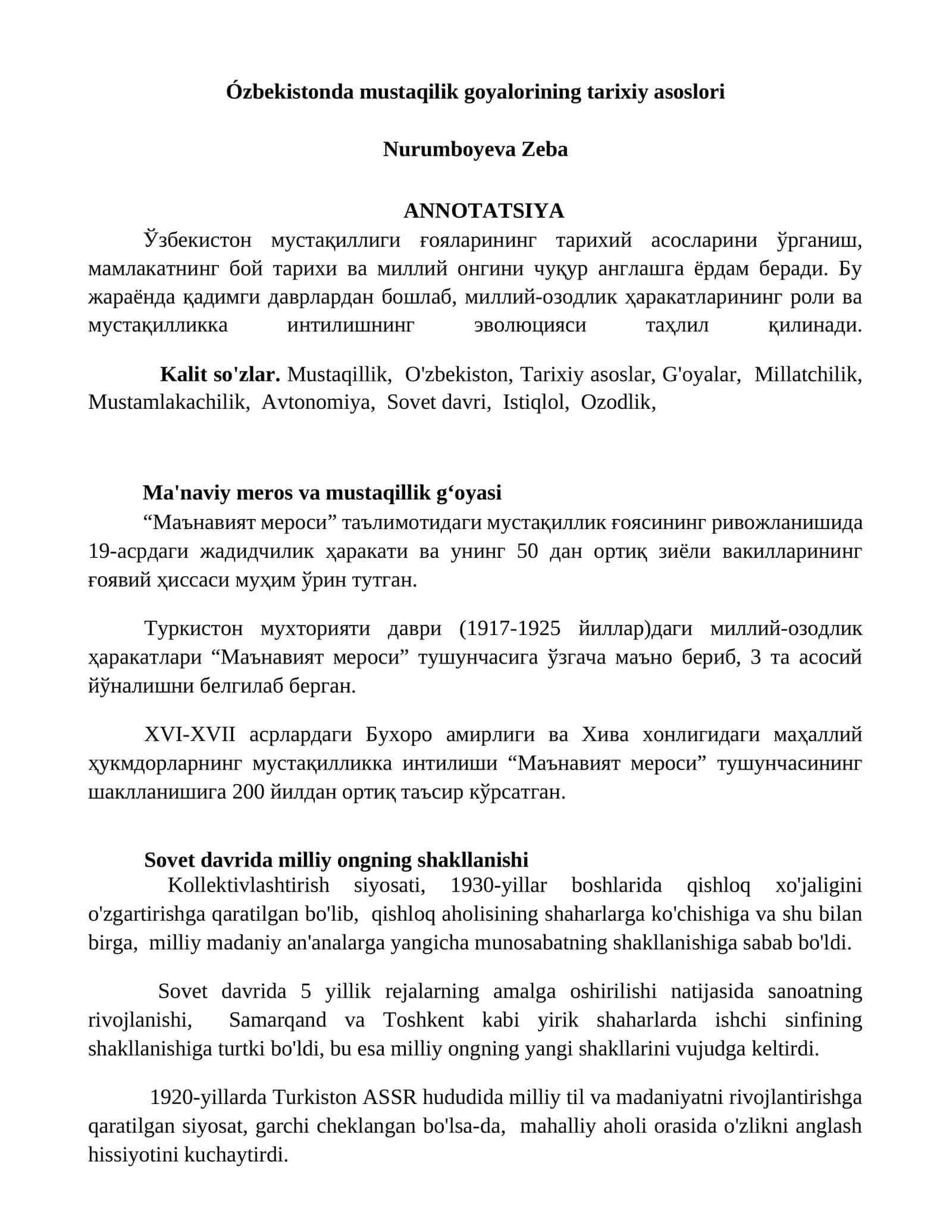 Ózbekistonda mustaqilik goyalorining tarixiy asoslori