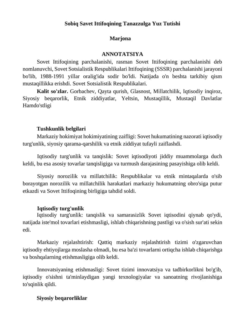 Mavzu: Sovet Ittifoqining Tanazzulga Yuz Tutishi