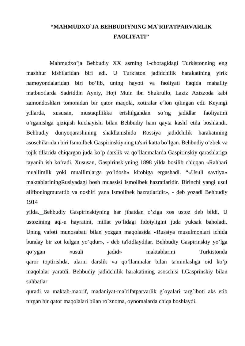 MAQOLA Mahmudxo`ja Behbudiyning ma`rifatparvarlik faoliyati