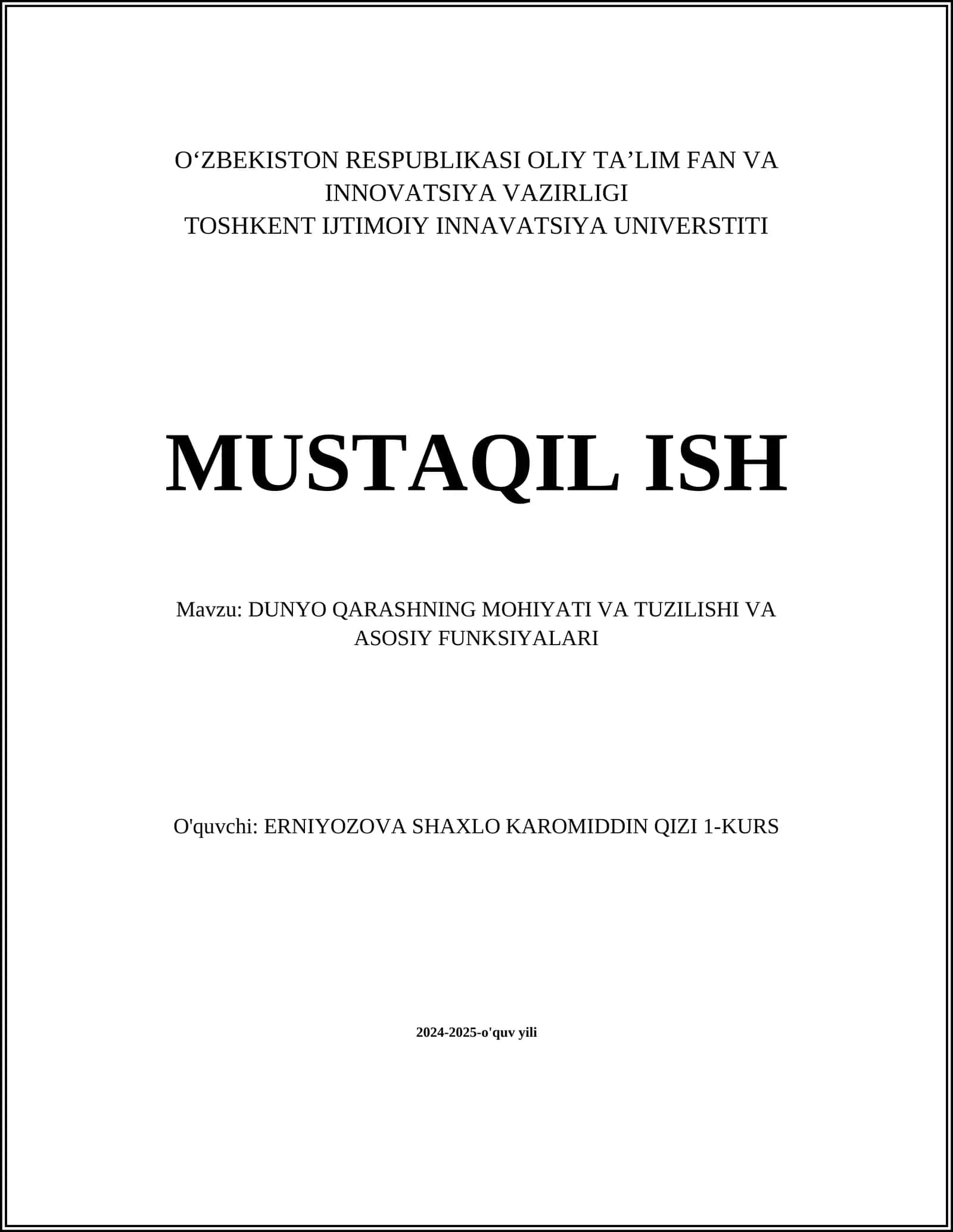 Dunyo Qarashning Mohiyati va Tuzilishi va Asosiy Funksiyalari